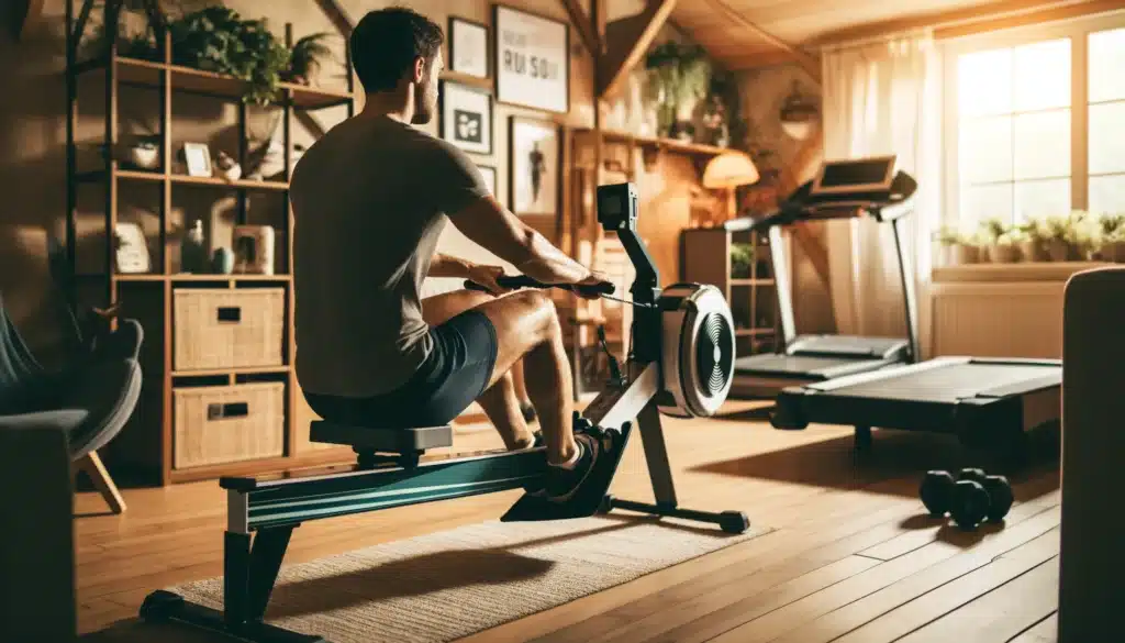 Persoon gebruikt een roeitrainer in een gezellige thuisgym met houten vloeren en motiverende posters.