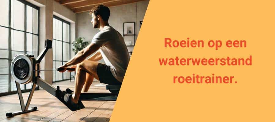 Een impressie van een persoon die zit te roeien op een roeitrainer met waterweerstand